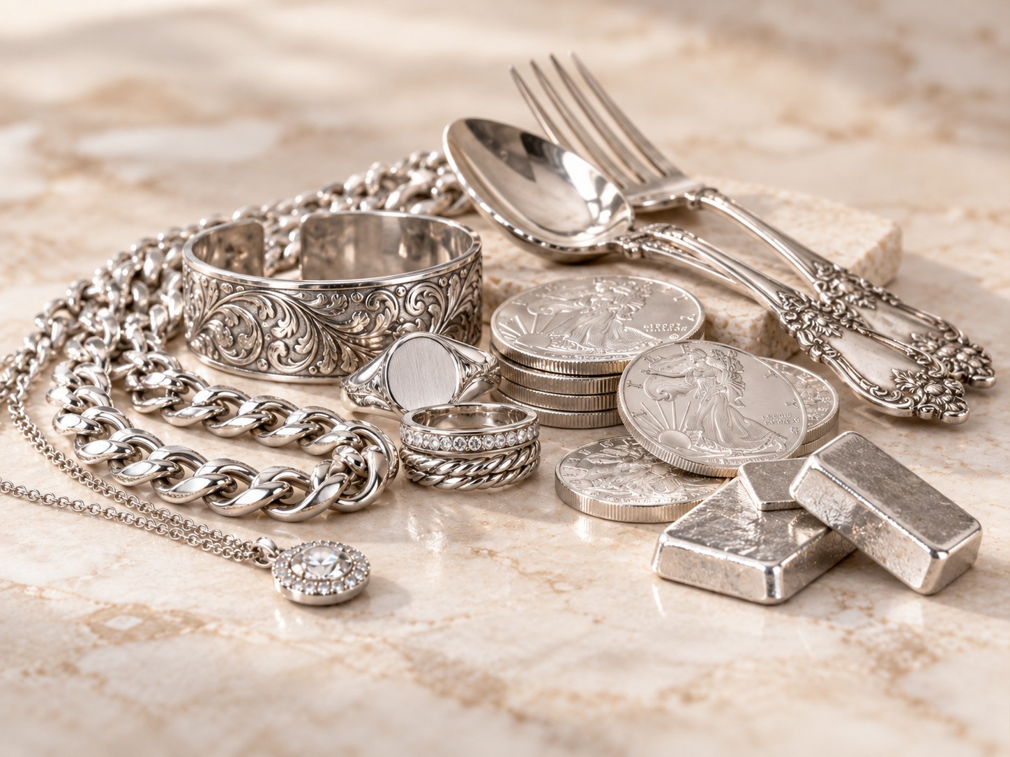 Sterling silver jewelry and silver items prepared for evaluation